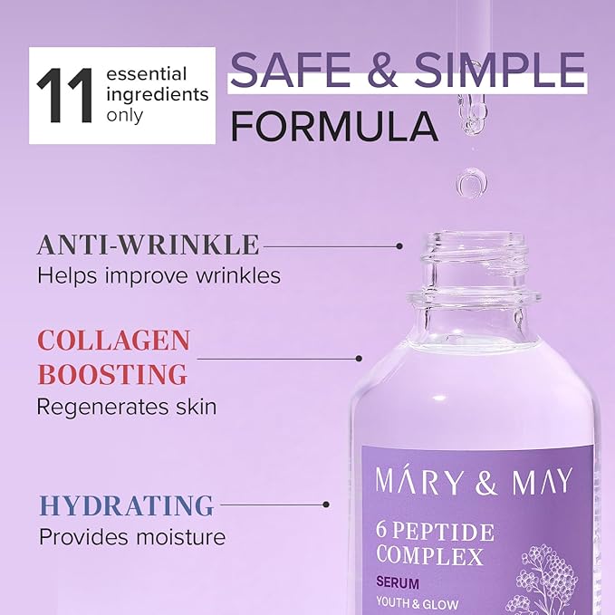 Mary&May 6 Peptide Complex Serum - Korean Anti-Aging Face Treatment for Wrinkle Reduction, Skin Firmness & Hydration, EWG Verified, Fragrance Free, 2.71 fl.oz.