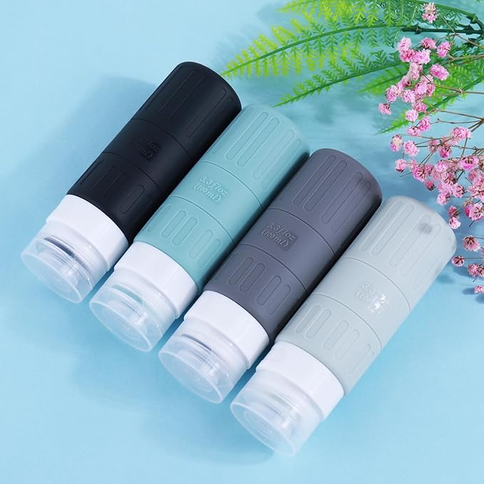 GLAMFIELDS Travel Bottles for Toiletries,TSA Approved 3.3oz Size LeakProof Silicone Toiletry Containers for Shampoo, Conditioner,Easy to Squeeze，Portable Travel Essentials for Lotion(18 Pack) Gray