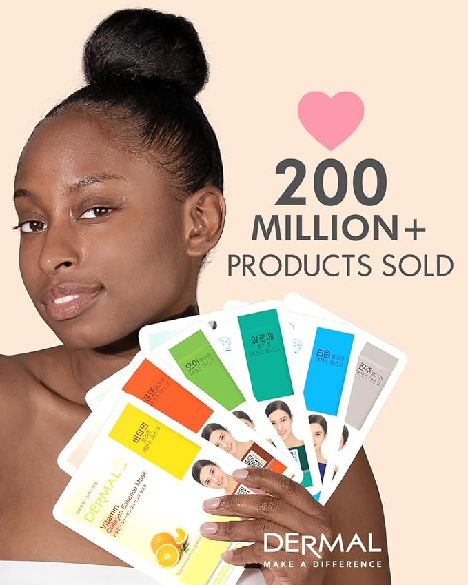 DERMAL Bamboo Collagen Essence Facial Mask Sheet 23g Pack of 10 - Hydrating & Calming, For Dewy and Glowing Skin, Daily Skin Treatment Solution Sheet Mask