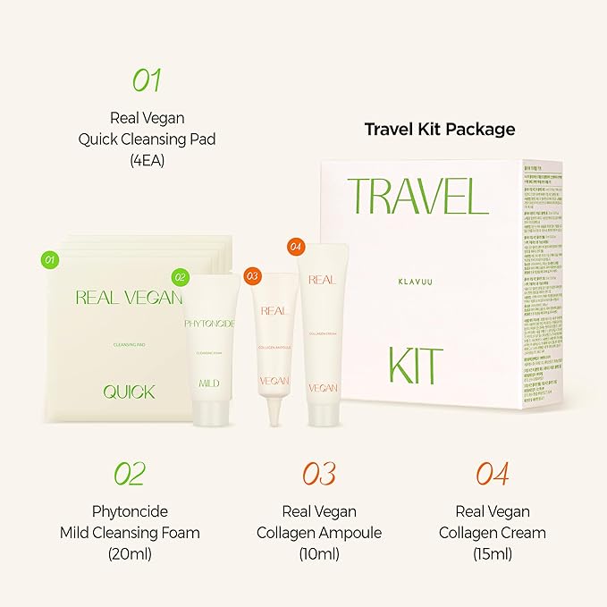 KLAVUU TRAVEL KIT – 4-Step Korean Skincare Set with Collagen Ampoule, Cream, Cleansing Pads & Foam | Travel Size Gift Set | Vegan | Mini K-Beauty Trial Kit