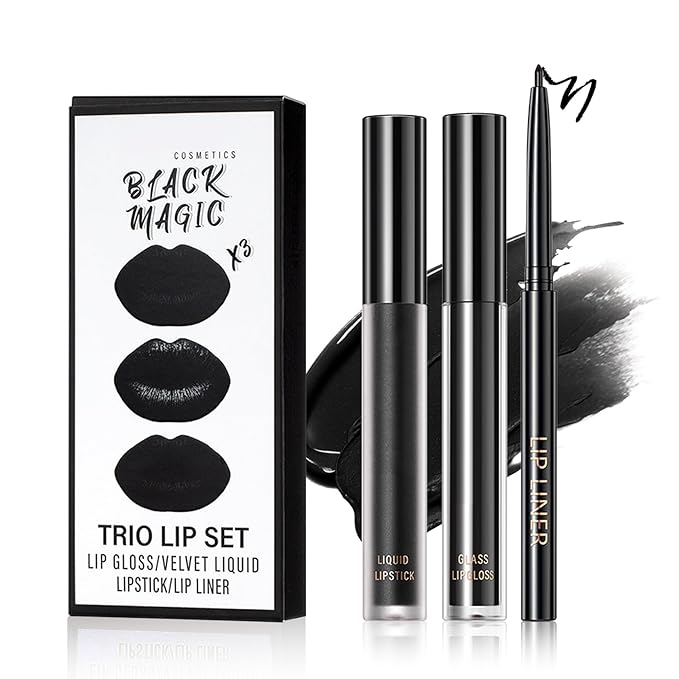 3 in 1 Black Lip Liner Pencil and Lipstick lipgloss Set Matte Black Lipstick Lip Gloss Kit Long-lasting Nonstick Cup Smudge Proof Lip Kits with Lip Liner,Velvet Goth Makeup (12#Black Magic)
