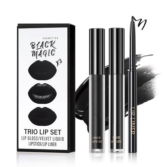 3 in 1 Black Lip Liner Pencil and Lipstick lipgloss Set Matte Black Lipstick Lip Gloss Kit Long-lasting Nonstick Cup Smudge Proof Lip Kits with Lip Liner,Velvet Goth Makeup (12#Black Magic)