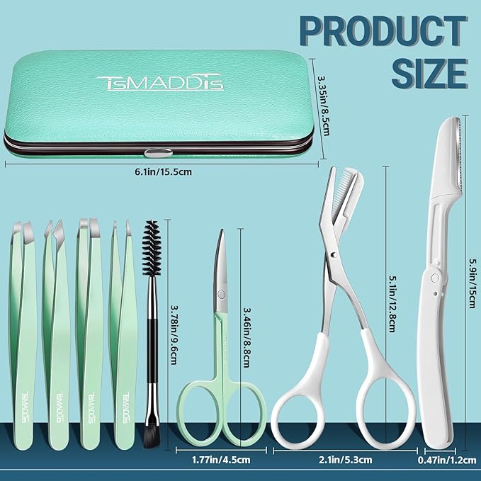 TsMADDTs Tweezers for Women, 8 in 1 Eyebrow Kit with Tweezers, Trimmer, Scissor, Razor, Brush with Travel Bag, Eyebrow Shaping Kit