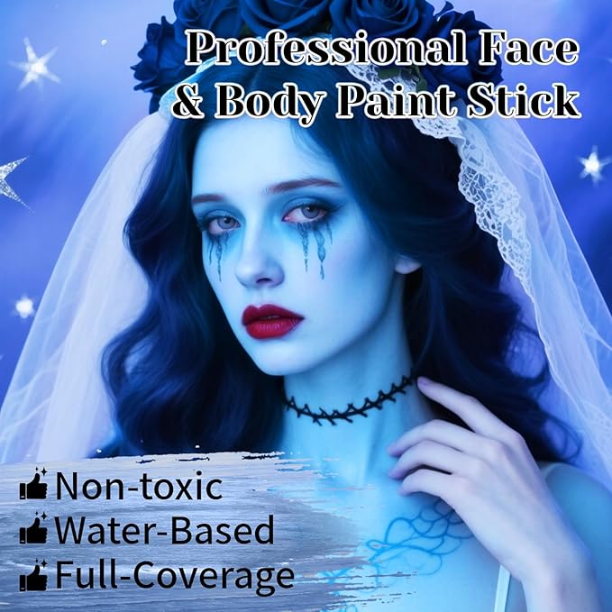 White Light Blue Face Body Paint Stick Set with Translucent Setting Powder and Sponges, Professional Full Coverage Face Painting for Adults Halloween Cosplay SFX Avatar Corpse Bride Makeup