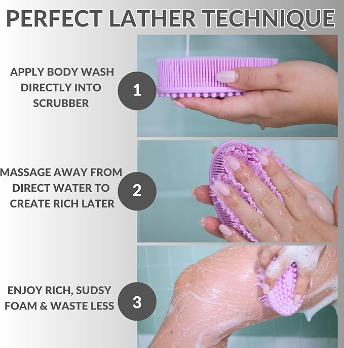 Silver Infused Silicone Body Scrubber Shower - Gentle Back Scrubber Soft Bristles - Avilana Premium Dual Sided Bath Brush Massage - Advanced Material Loofah Alternative - Gift Women Men