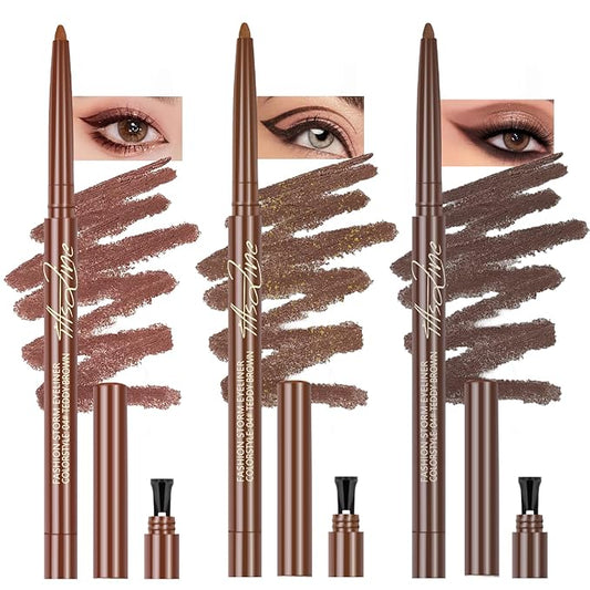 Noerrors 3Colors Brown Retractable Gel Eyeliner Set, Waterproof Silky Smooth Easy to Color Creamy Matte Eyeliner Pencil for Women, Long Wear Smudge Proof Eye Makeup Pen for Mature Eye with Sharpener
