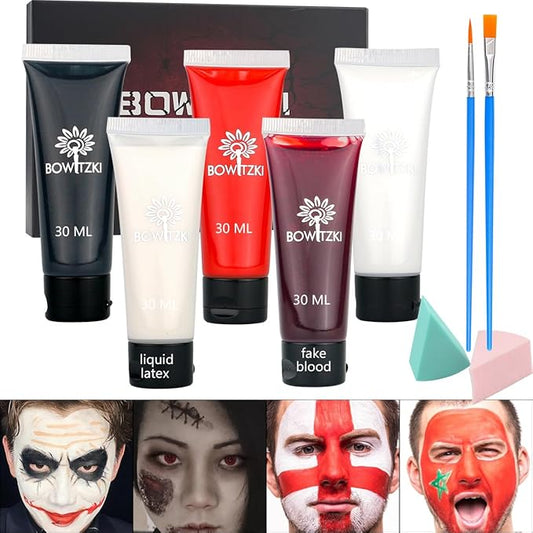 Bowitzki Halloween Makeup Set Special Effects Kit Cream Face Paint Water Based Liquid Latex Fake Blood Brush Sponges Body Painting SFX Zombie Vampire Monster Christmas Party (No Scar Wax)