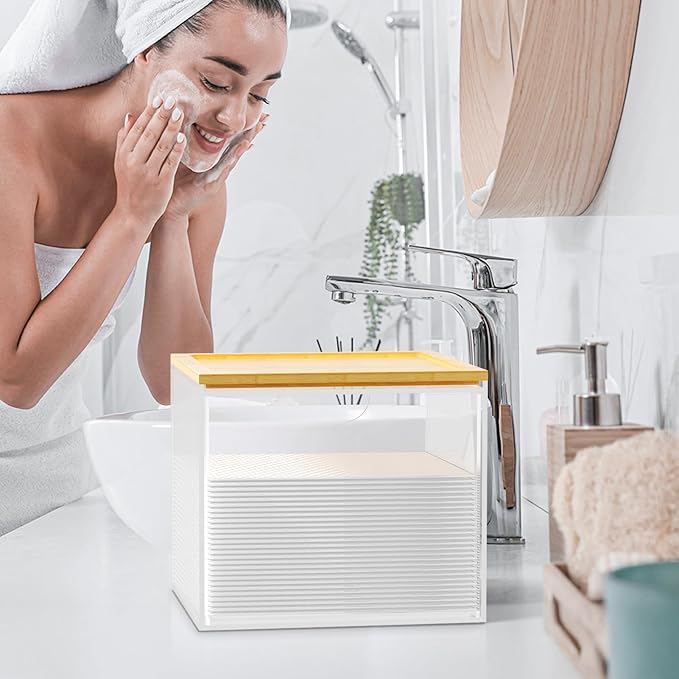 VITVITI Drawer Disposable Face Towel Holder Box, Acrylic Facial Towel Container for XL Clean Skin Club, Large Disposable Face Towel Storage with Bamboo Lid, for Bathroom, Vanity Makeup, Clear