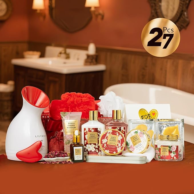 27 Pcs Bath and Body Gifts Basket Set - Rose Spa Gifts Set Skin Care Set for Women, Gift Baskets Set for Mothers Day Mom | Perfect Gifts for Christmas, Birthday, Valentines Day All Occasion Present