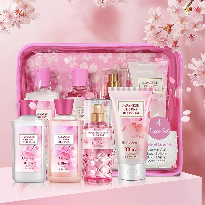 Bath and Body Gift Set for Women and Girls,Japanese Cherry Blossom,4PCS Set for-Shower Gel,Body Lotion,Body Mist,Exfoliating Scrub,Body Care Travel Set for Birthday Mother's Day Gifts