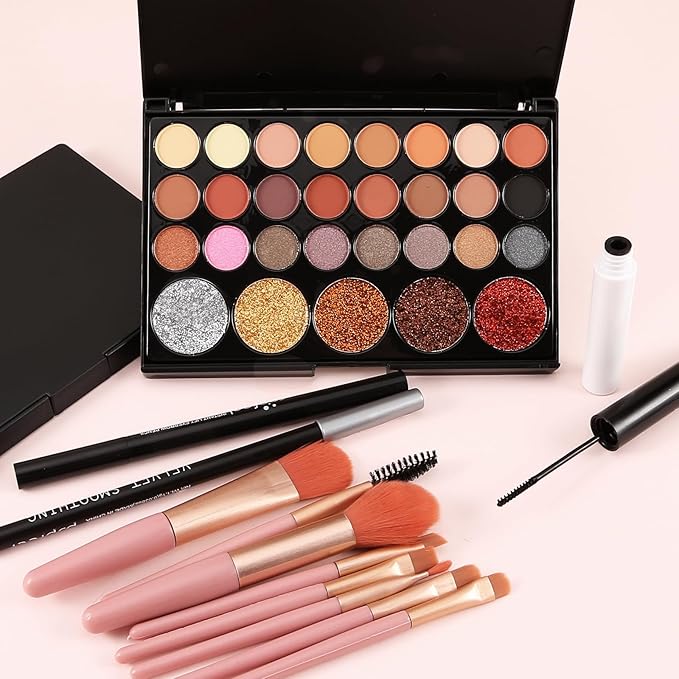 All In On Makeup Eye Set Cosmetics Kit for Teens and Adults, Includes Eyeshadow, Make Up Brushes, Mascara, Eyebrow Pencil, Eyeliner