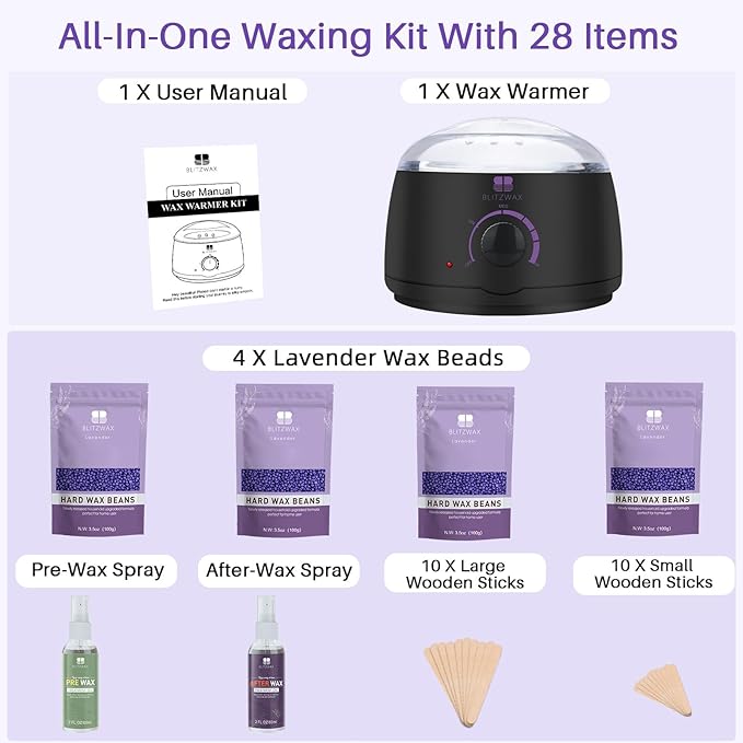 BLITZWAX Brazilian and Bikini Waxing Kit for Women, Hard Wax Warmer for Face, Legs, and Body, At Home Hair Removal Kit, Beginner Friendly, Quick Heating, 28 Accessories