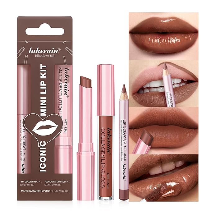 3PCS Lip Liner and Lipstick Combo Set - Matte Lip Liner Pencil, Velvet Matte Lipstick & Hydrating Collagen Lip Gloss - Long-Lasting, Smudge-Proof, High Pigment Nude Brown Lip Makeup Kit (Set 4, 3)