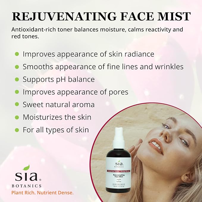 Sia Botanics Rejuvenating Face Toner Mist (118ml/4oz Bottle) | Facial Treatment w/Prickly Pear, Aloe Vera, Orange Blossom | Natural, Clean, Botanical Skincare for Women