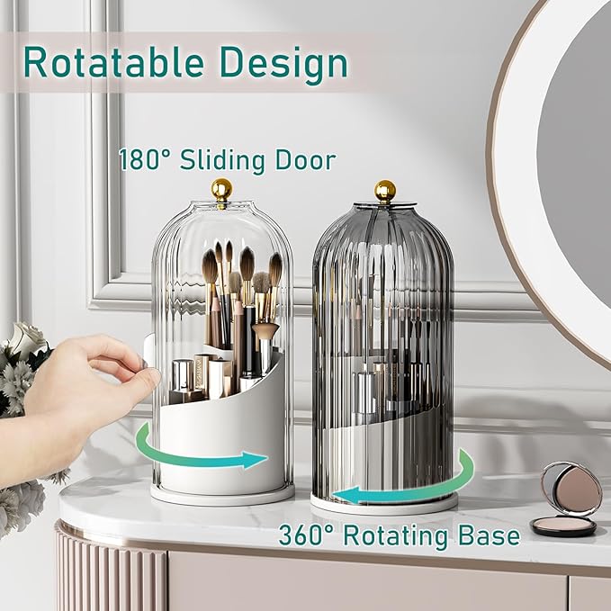 GAXmi Makeup Brush Holder with Lid Cosmetic Tools Organizer 360 Rotating Waterproof Dustproof Beauty Brushes Storage for Vanity, Transparent