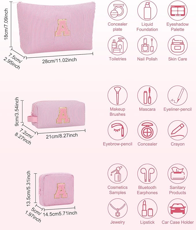 MONSTINA Initial Makeup Bag Set for Women,Monogram Cosmetic Bag,Personalized Make Up Case for Girlfriend Graduation Teacher Gifts,Cute Toiletry Bag Preppy Chenille Letter Patch,Pink A
