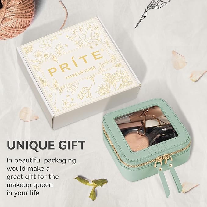 Prite Small Makeup Bag for Women Portable Clear Makeup Bag Cute Mini Waterproof Travel Cosmetic Bag with Gold Zipper for Car Essentials(Green)