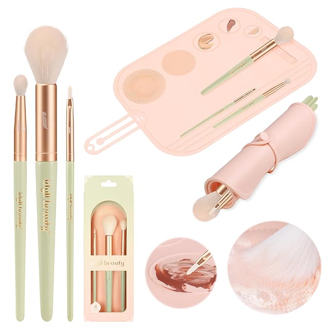 Travel Makeup Brush Set, Portable Makeup Kit with Pad Easy Clean Vegan Brush Set, ON THE GO Cosmetic Brushes Tools 4 Pcs for Women
