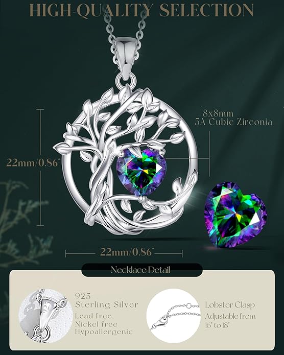 FANCIME Tree of life Birthstone necklace Sterling Silver Pendant Birthstone Necklace Gemstone Anniversary Birthday Jewelry Christmas Gifts for Mom Her Wife