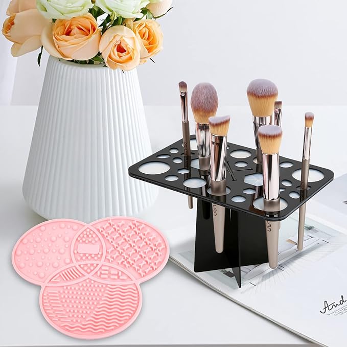 Makeup Brush Cleaning Mat & Drying Rack - 28 Holes Brush Holder, Silicone Rubber Clover Shaped Mat Cleaner - Black & Pink