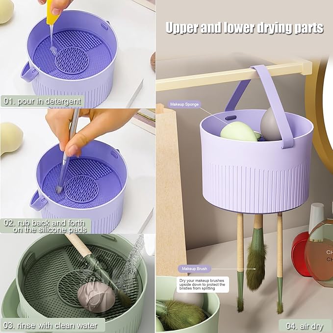 Makeup Brush Cleaner Mat 3 in 1 Silicone Makeup Brushes Cleaner Bowl with Brush Drying Holder Hanging Cosmetic Brush Cleaner Organizer for Storage & Air Dry, Green