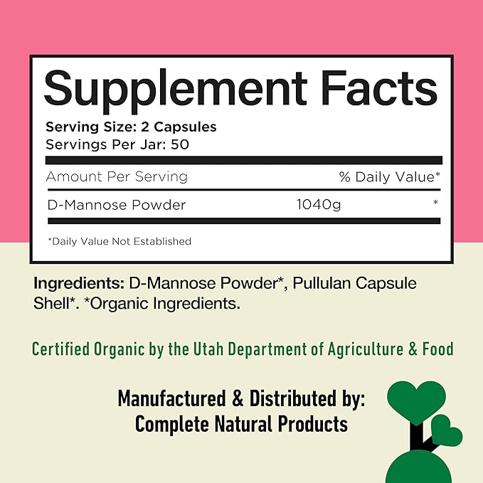 Complete Natural Products Organic D-Mannose Capsules - Pure D-Mannose Pills 100 Count for UTI, Bladder, & Urinary Tract Health