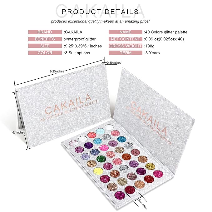 Glitter Eyeshadow Palette, 40 Colors Highly Pressed Pigmented Metallic Shimmer Sparkly Glitter Eyeshadow Makeup Pallet Palettes,Pink Blue Green Red Gold Purple Eye Shadow Powder Long Lasting