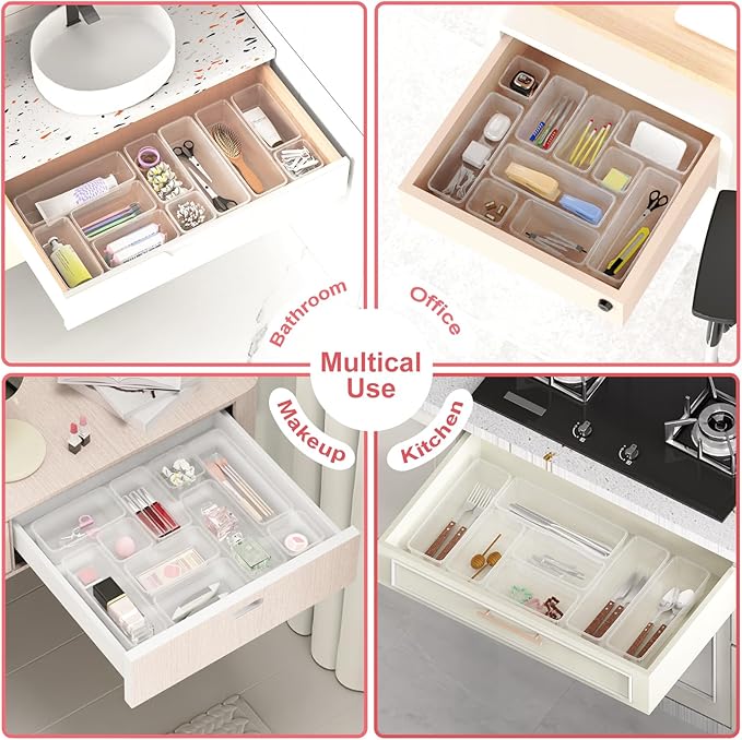 24 PCS Plastic Drawer Organizer Set, Sturdy 3-Size Makeup Vanity Desk Drawer Organizer Trays and Storage Bins for Cosmetics, Junk and Gadgets – Ideal for Bathroom, Bedroom, Office and Kitchen