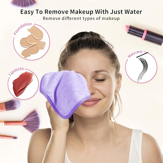 Makeup Remover Cloth 12 Packs Set, 6.5" x 6.5" Reusable Makeup Remover Towels, Makeup Washcloths for Face, Soft & Washable Coral Fleece Microfiber Towel for Face, Eye, Lips