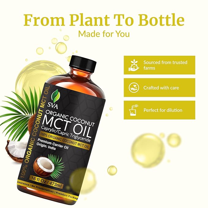 SVA MCT Oil Organic - 16 Fl Oz – 100% Natural Cold Pressed Organic MCT Oil - for Face, Skin Care, Hair Care, Scalp Massage & Body Massage – Carrier Oil