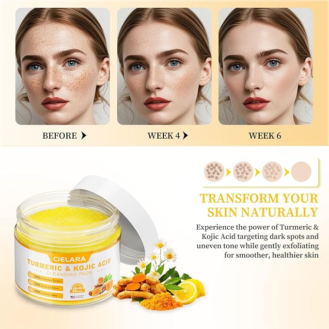 Turmeric Kojic Acid Cleansing Pads for Dark Spots, Lemon Turmeric Pads with Vitamin C & E, Deep Clean Pores, Hydrate & Plump Skin Exfoliating with Kojic Acid 50 Count
