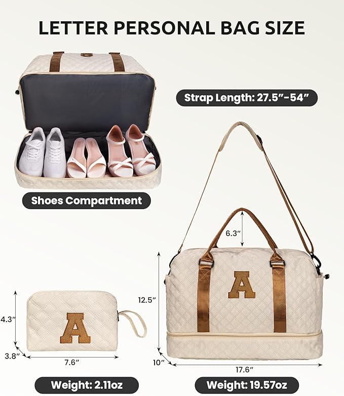 Girls/Kids Initial Duffle Bag with Shoe Compartment, Kids Personalized Travel Bags with Makeup Bag for Women with Trolley Sleeve & Wet Pocket, Gifts for Teenage Girl(Letter E)