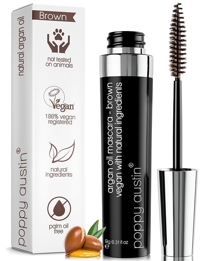 Poppy Austin Organic Mascara, Natural, Vegan, Paraben-Free, Cruelty-Free - Hypoallergenic Mascara Lengthening & Volumizing with Argan Oil - 0.31 Fl Oz (Brown)