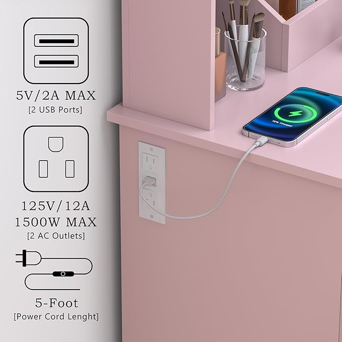 Vanity Desk with Mirror & Lights, Makeup Vanity Table with Charging Station, 3 Lighting Modes, Large Storage Space with Drawers and Shelves, Elegant White Vanity Set for Bedroom Dressing Room