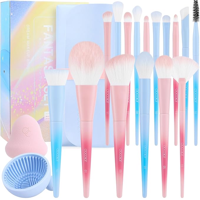 Docolor Makeup Brushes 16Pcs Makeup Brush Set with Makeup Bag Makeup Sponge & Brush Cleaning Pad Professional Face Powder Kabuki Foundation EyeShadow Concealers Brush Kit Gift Box Fantasy Series Ⅲ