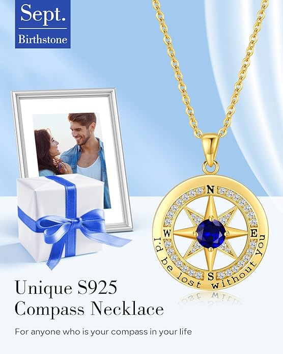 S925 Necklace Gift for Wife |Compass Jewelry |Women Anniversary |Sterling Silver |Girlfriend Birthday Gifts for Her Valentines |I'd be Lost without You |Jewel 18K Gold