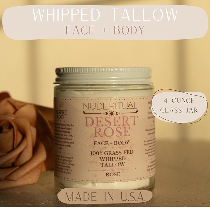 100% Grass-Fed Whipped Tallow Balm for Skin Care – Face + Body – Natural Moisturizer Lotion, 4 oz (Desert Rose)