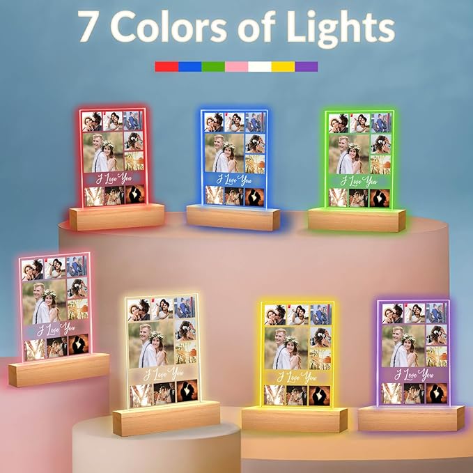 Custom Picture Frame with Photo, Personalized Photo Frame with Night Light, Customizable Photo Frames, Personalized Christmas Anniversary Birthday Gifts for Women Men Girlfriend Boyfriend Couple