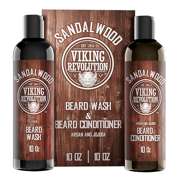 Beard Wash & Beard Conditioner Set w/Argan & Jojoba Oils - Softens & Strengthens - Natural Sandalwood Scent - Beard Shampoo w/Beard Oil (10oz)