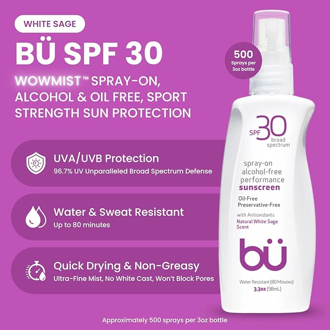 BU SPF 30 Sunscreen Spray for Face and Body, Non Aerosol Spray, Ultrafine WOWmist, TSA Travel Size Sunscreen, Clear, Non Greasy, Water Resistant, White Sage 3.3 oz