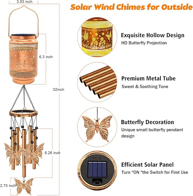 Butterfly Solar Wind Chimes for Outside, Gifts for Christmas Mom Women Grandma Birthday Memorial Teacher, 32" Windchimes Outdoor Decor Hanging Solar Lantern for Garden Porch Patio Backyard