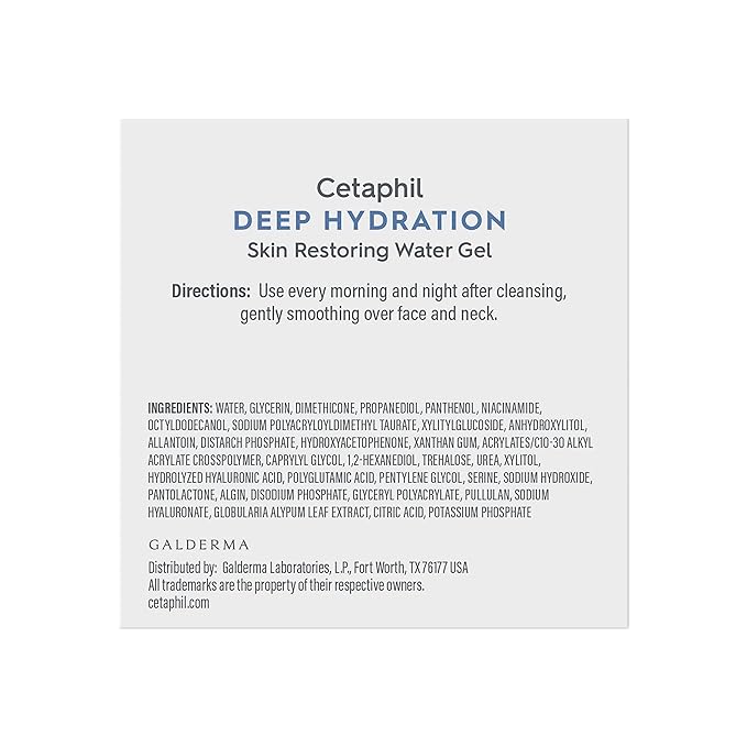 Cetaphil Deep Hydration Skin Restoring Water Gel with Hyaluronic and Polyglutamic Acid, Face Moisturizer, 72 Hour Hydration, For Dry, Dehydrated Sensitive Skin, Fragrance Free, 1.7 oz, Fragrance Free