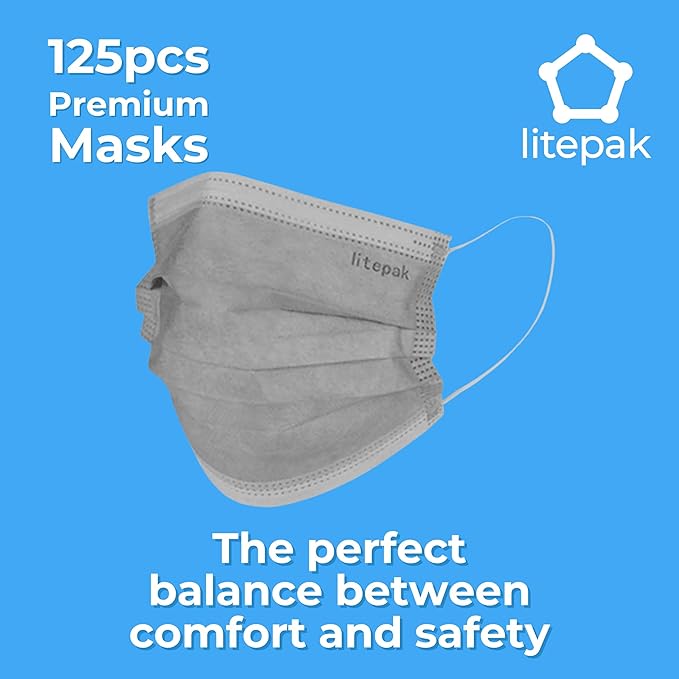Litepak 125-Pack Disposable Face Mask Premium Comfort Earloops with Dispenser Box (Gray)