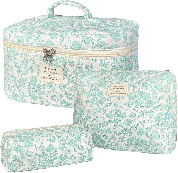 Green Large Quilted Floral Makeup Bag Set of 3 Cute Coquette Aesthetic Cosmetic Bag Set Travel Toiletry Bag for Women