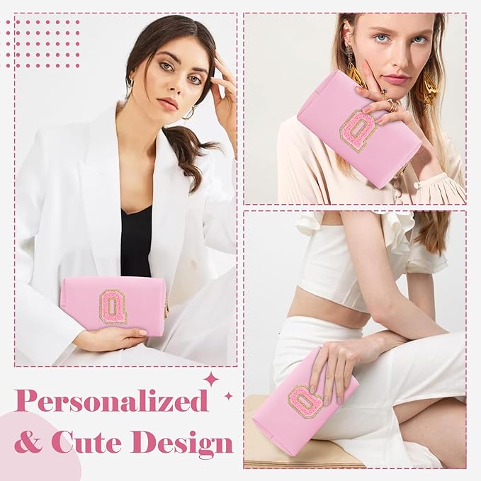 Personalized Initial A-Z Preppy Patch Makeup Bag,Small PU Leather Chenille Letter Cosmetic Bag with Zipper for Teen Girls,Pink Cute Travel Toiletry Bag,Birthday Monogrammed Gift for Daughter,Letter Q
