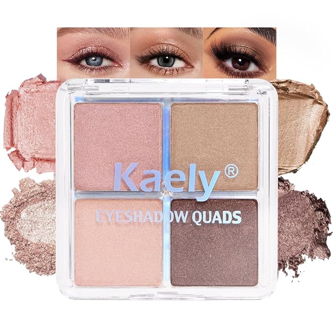 Kaely Powder Eyeshadow Quad, Rose Gold Pink Glitter Eyeshadow Palette Makeup, Neutral Eye Shadow Palette for Older Women Pigmented Waterproof, sombras para ojos, Blendable, Cruelty-free, 06