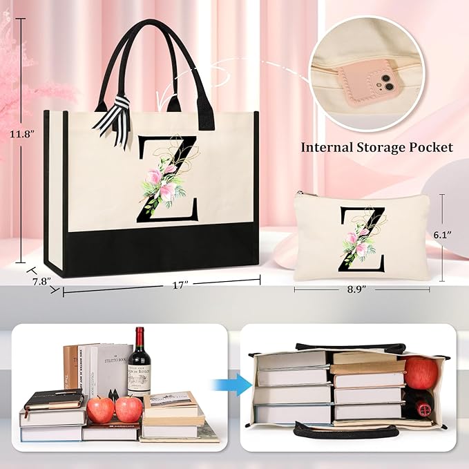AYGE Personalized Initial Canvas Beach Tote, Monogrammed Gifts for Women, Makeup Bag, Birthday Gifts for Sister, Mom, Teacher, Bridesmaid (Z)
