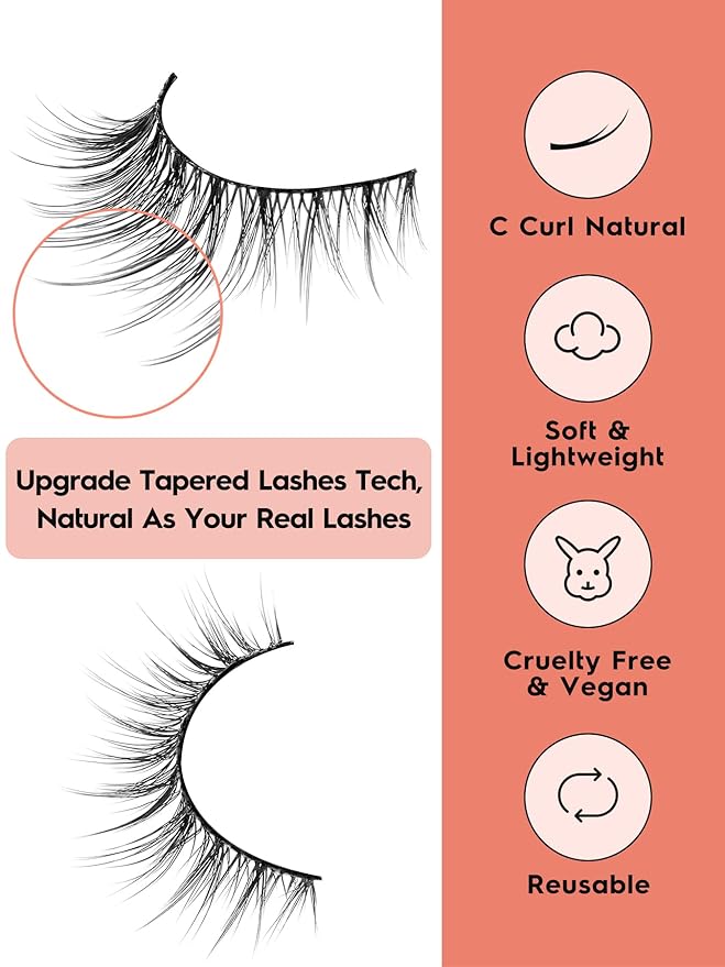 Natural Cat Eyelashes False Lashes Wispy 14mm False Eyelashes Natural Look 0.1MM Thin Band Strip Lashes Pack C Curl Fake Eyelashes Wispy Cat Eye Lashes 3D Volume Siligli Lashes 7 Pair