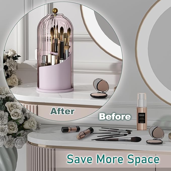 GAXmi Makeup Brush Holder with Lid Cosmetic Tools Organizer 360 Rotating Waterproof Dustproof Beauty Brushes Storage for Vanity, Pink-Purple