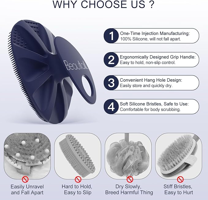 Silicone Body Scrubber Shower Bath Wash Brush Gentle Exfoliating Scrub Cleansing Loofah for Women Men Baby Sensitive Skin, Easy to Clean, Lather Nicely, More Hygienic, 1 Pack, Blue